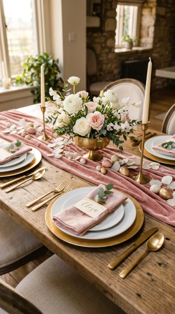 Blush Velvet Runner with Gold Accents