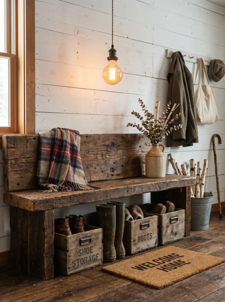 Rustic Farmhouse Bench with Crates