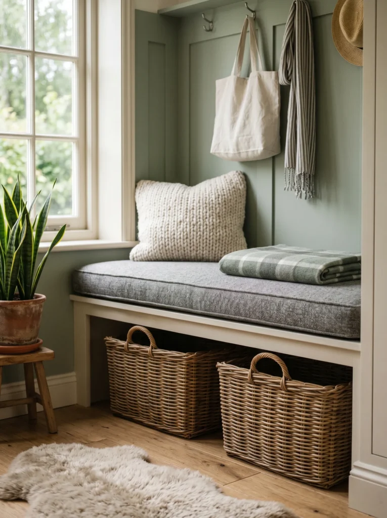 Upholstered Bench with Storage Baskets