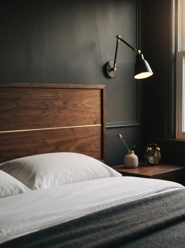 Dark Wood Headboard with Brass Inlay